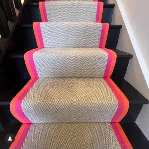 Pink stitched Tape Herringbone stair runner Wool stitched taped edge