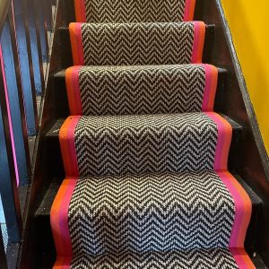 Black and White Chevron Pink and stitched Pink taped edge stair runner
