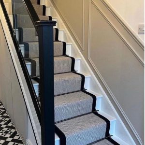 Herringbone stair runner Wool stitched taped edge Grey Background